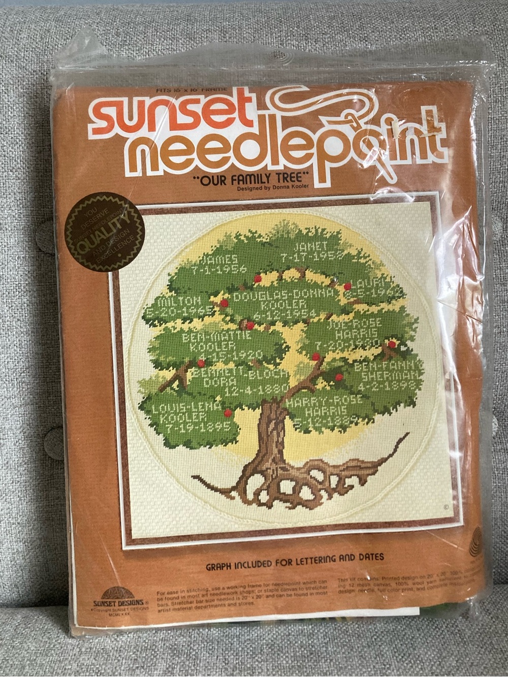 Sunset needlepoint kit never opened family tree